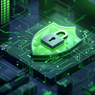 3D rendering, green gradient shield surrounded by circuit board lines and digital padlock icon on dark background, front view angle, isometric. The style of the game interface design features elements such as data technology, cyber security or online protection concept. High resolution, sharp focus, studio lighting with soft contrast for digital illustration --ar 16:9 Job ID: dc749754-e6c1-4e38-86fa-d97b1d8ae464